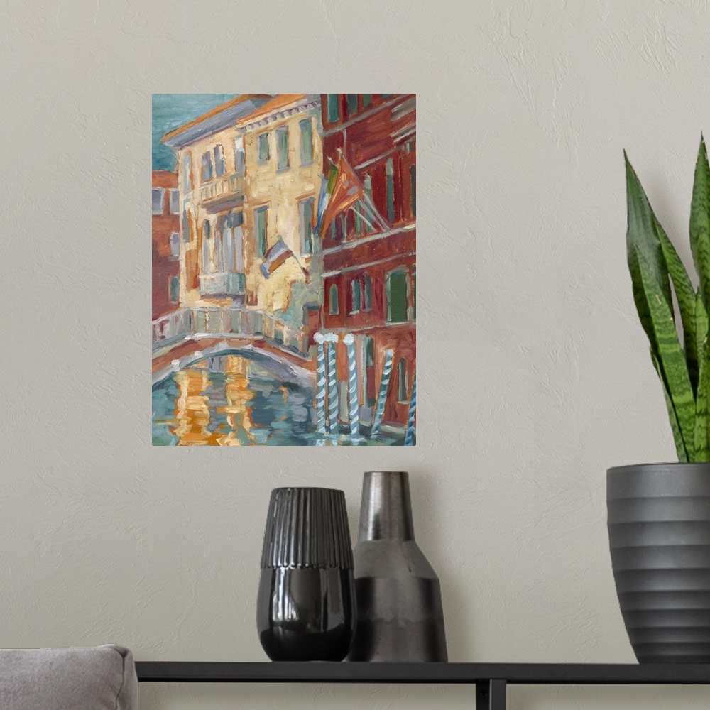 A modern room featuring Contemporary painting of a bridge over a canal in Venice, Italy during sunset.