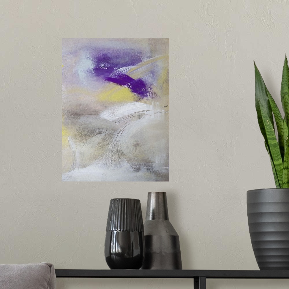 A modern room featuring Contemporary abstract painting in white and yellow with dark purple.