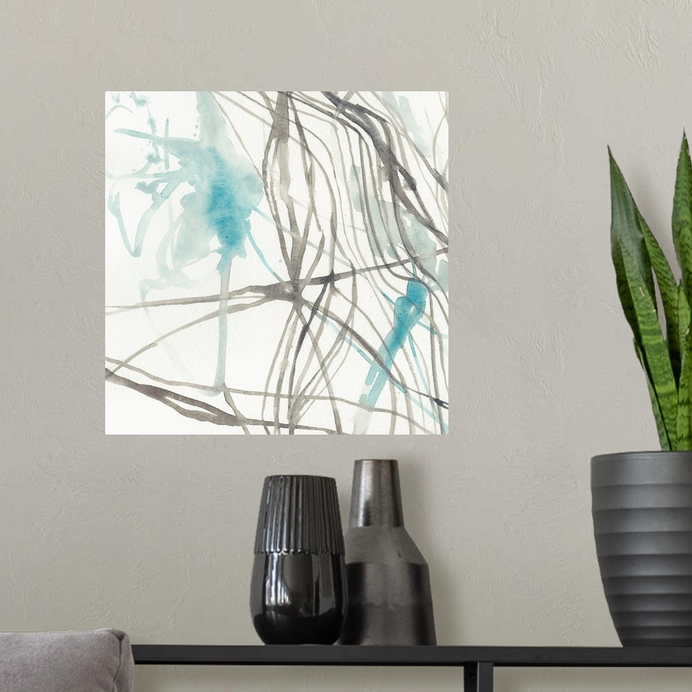 A modern room featuring Aqua and gray contemporary abstract watercolor painting.
