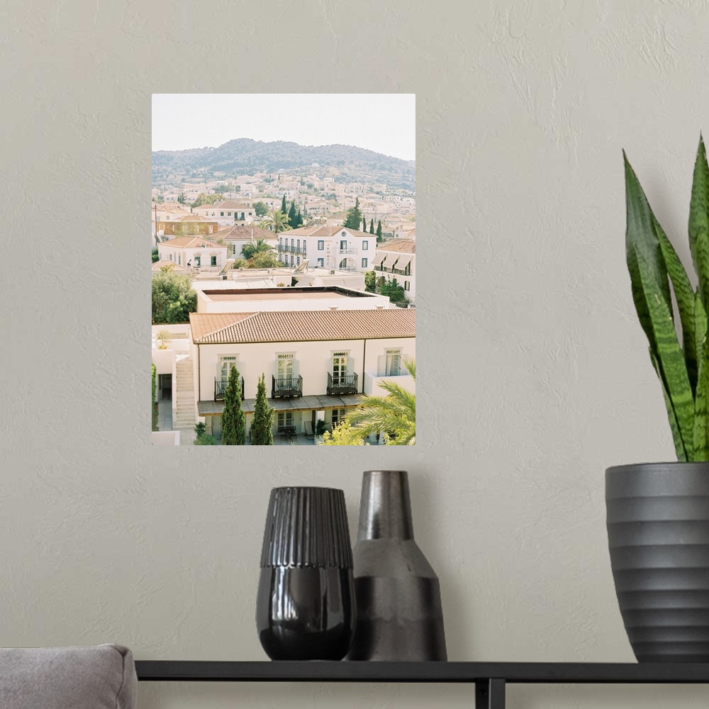 A modern room featuring Photograph of building roofs in Spetses, Greece.