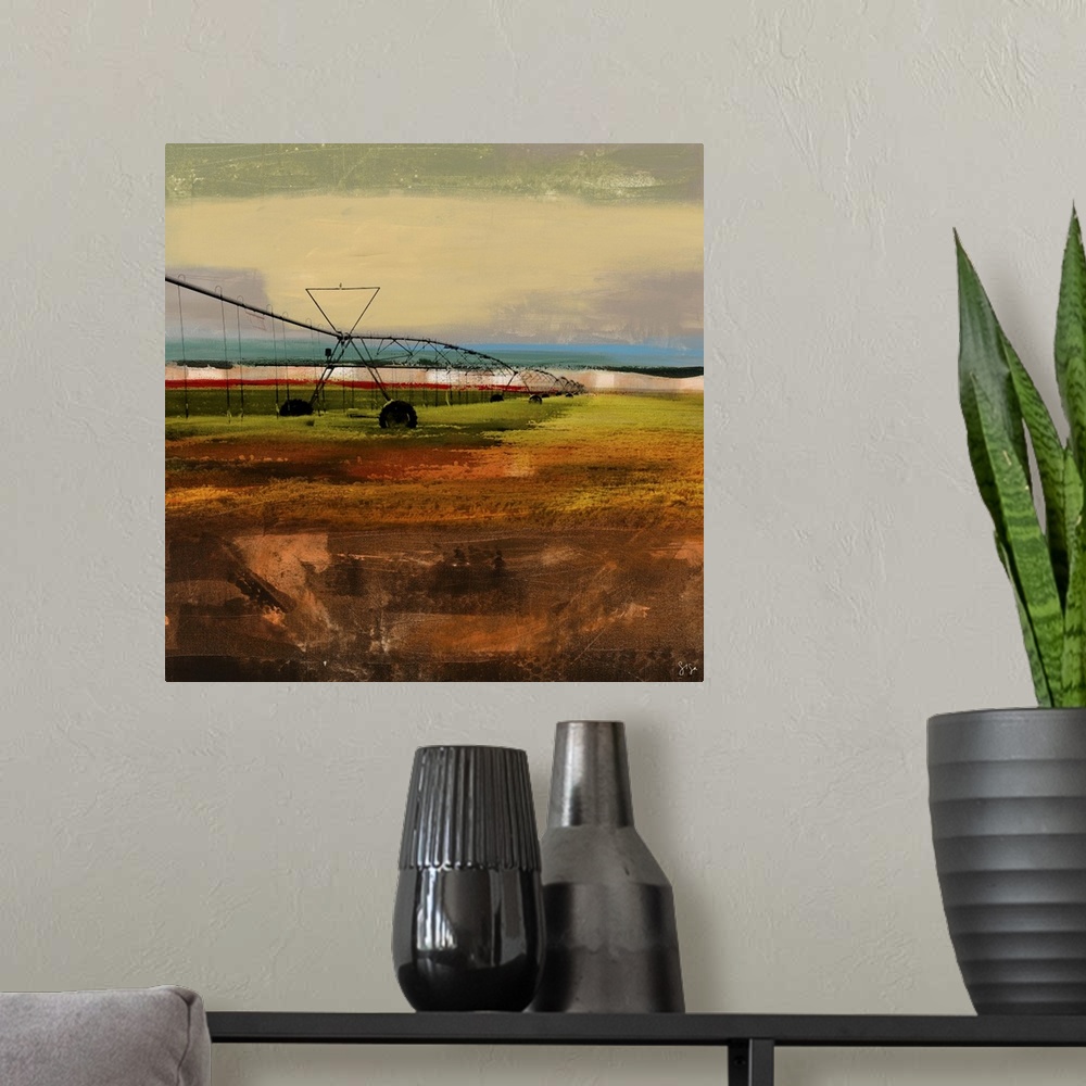 A modern room featuring Abstract artwork of farming watering device against a multi-layered and colored surrounding.