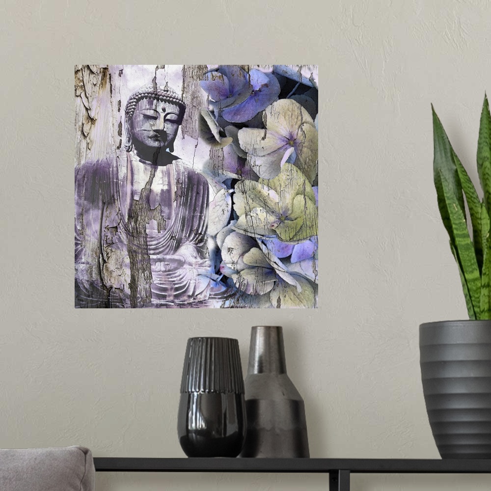 A modern room featuring This digital artwork features overlapping serene images of Buddha, flowers and bark from a tree t...