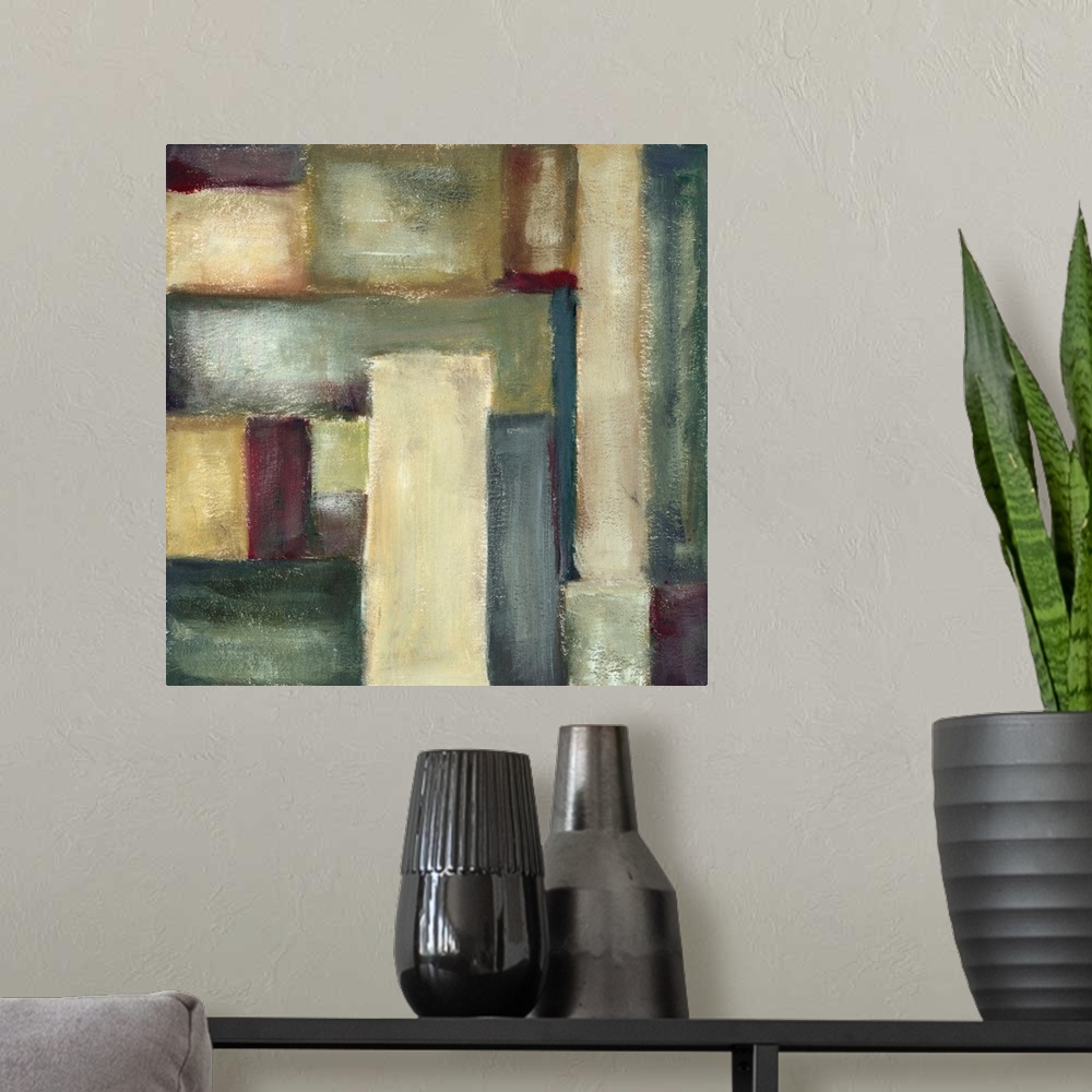 A modern room featuring Contemporary abstract painting of geometric shapes in muted tones.