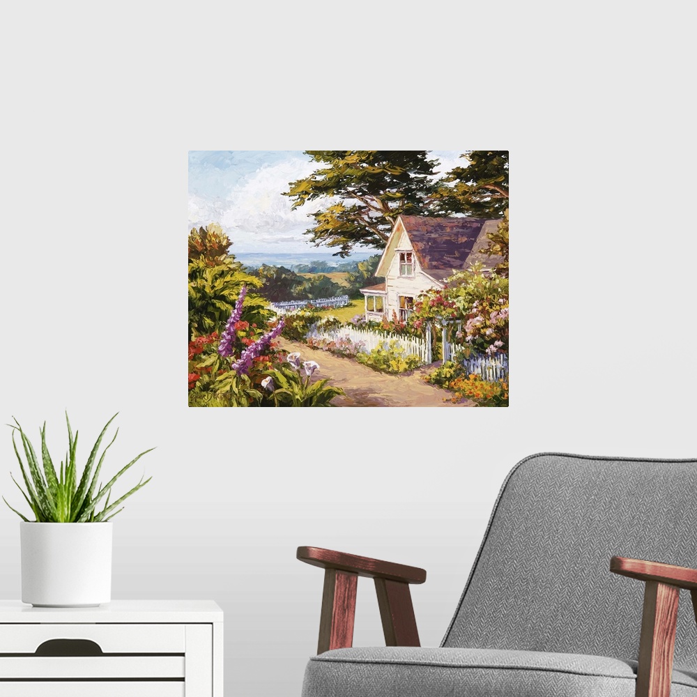 A modern room featuring Contemporary artwork of a country cottage.