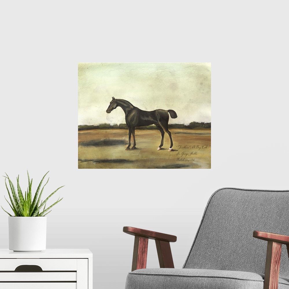 A modern room featuring Contemporary painting of a horse in a field, reminiscent of antique equestrian portraits.