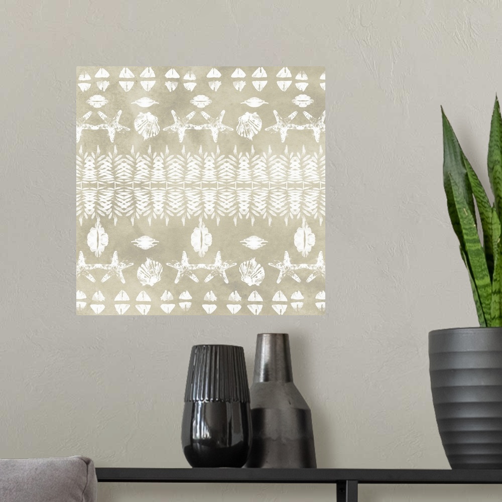 A modern room featuring White coastal illustrations resembling tribal patterns on a taupe background.