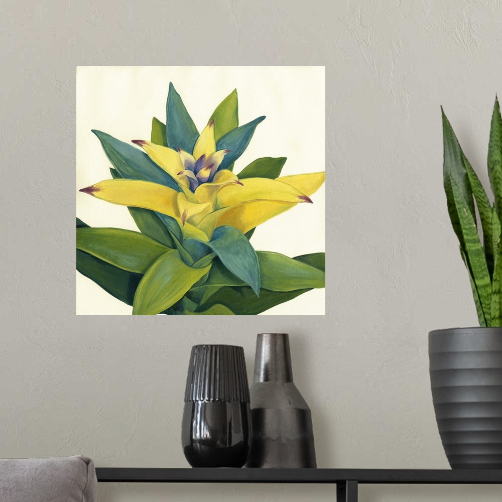 A modern room featuring Contemporary painting of a green and yellow succulent plant against a cream background.