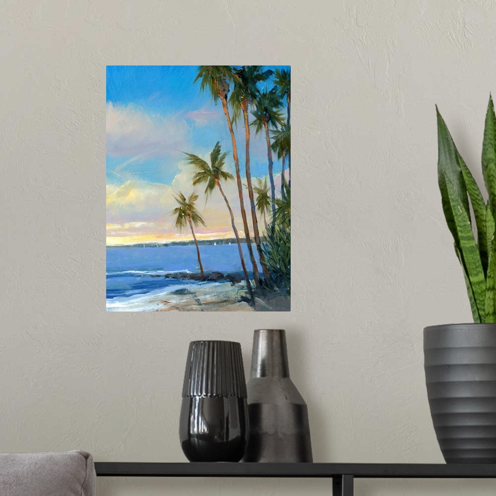 A modern room featuring This is a vertical painting of slender palm trees going on the edge of the shore of a sandy beach.