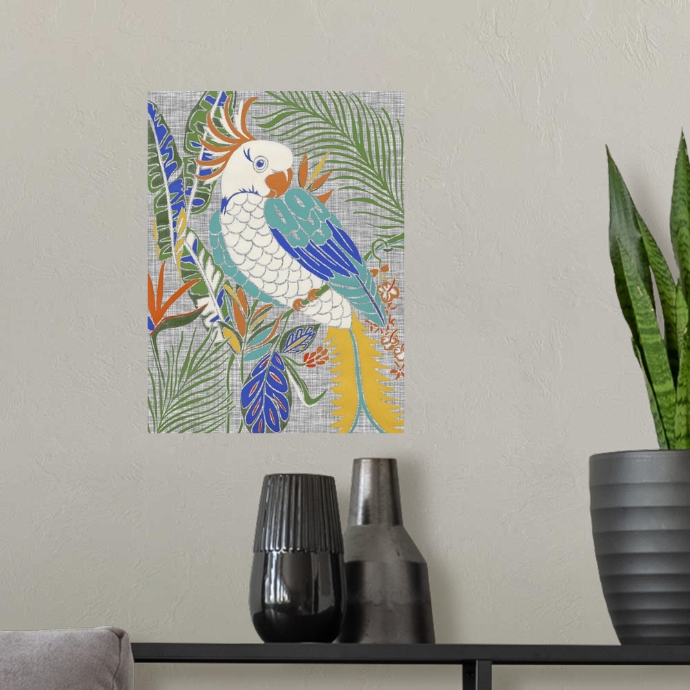 A modern room featuring Contemporary artwork of a retro-style Cockatoo.