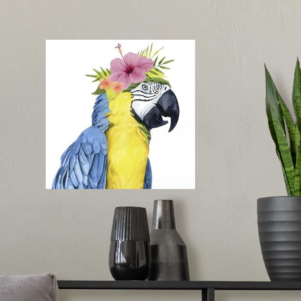 A modern room featuring This decorative artwork features an adorable parrot over a white background with a tropical flowe...