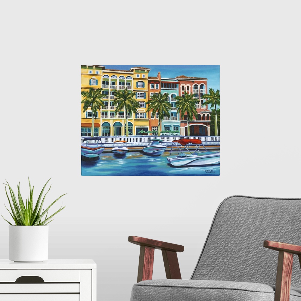 A modern room featuring Contemporary artwork of a riverside resort with several boats at the dock.