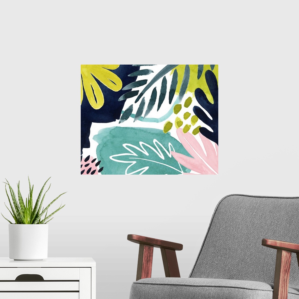 A modern room featuring Bright tropical abstract leaf patterns on a white background.