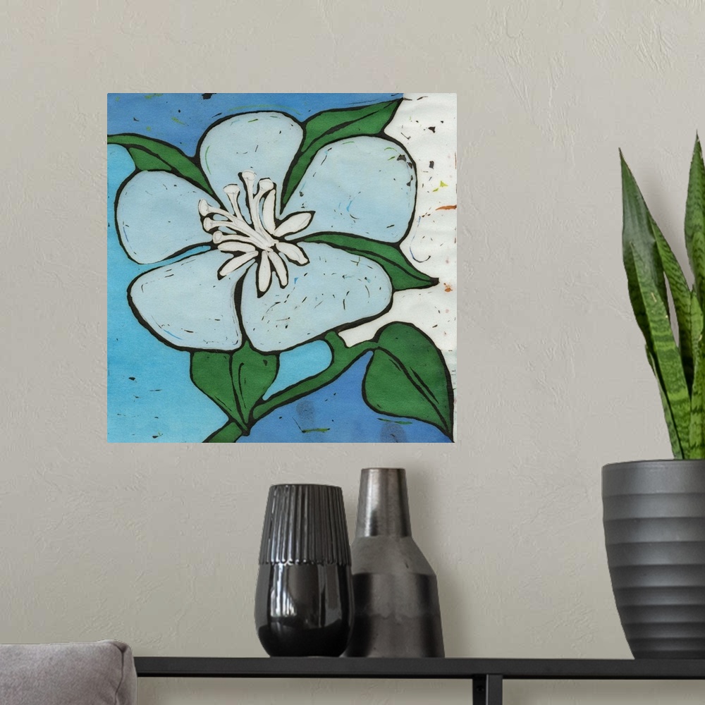 A modern room featuring Contemporary painting of a blue and green flower against a blue and green geometric background.