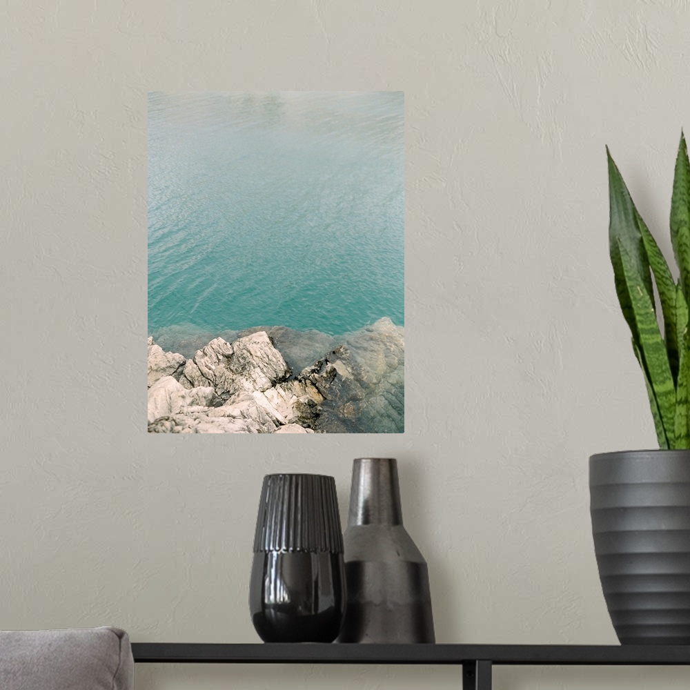 A modern room featuring Overhead photograph of the clear blue waters, Banff, Canada.