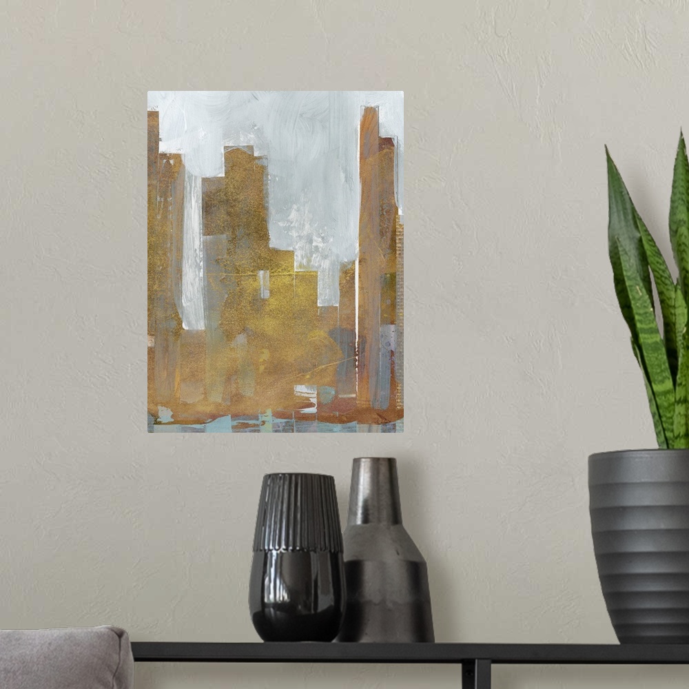 A modern room featuring Contemporary abstract artwork using muted colors and geometric shapes resembling a city skyline.