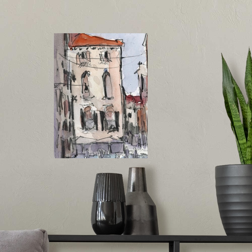 A modern room featuring Watercolor cityscape painting of an alley in Venice.