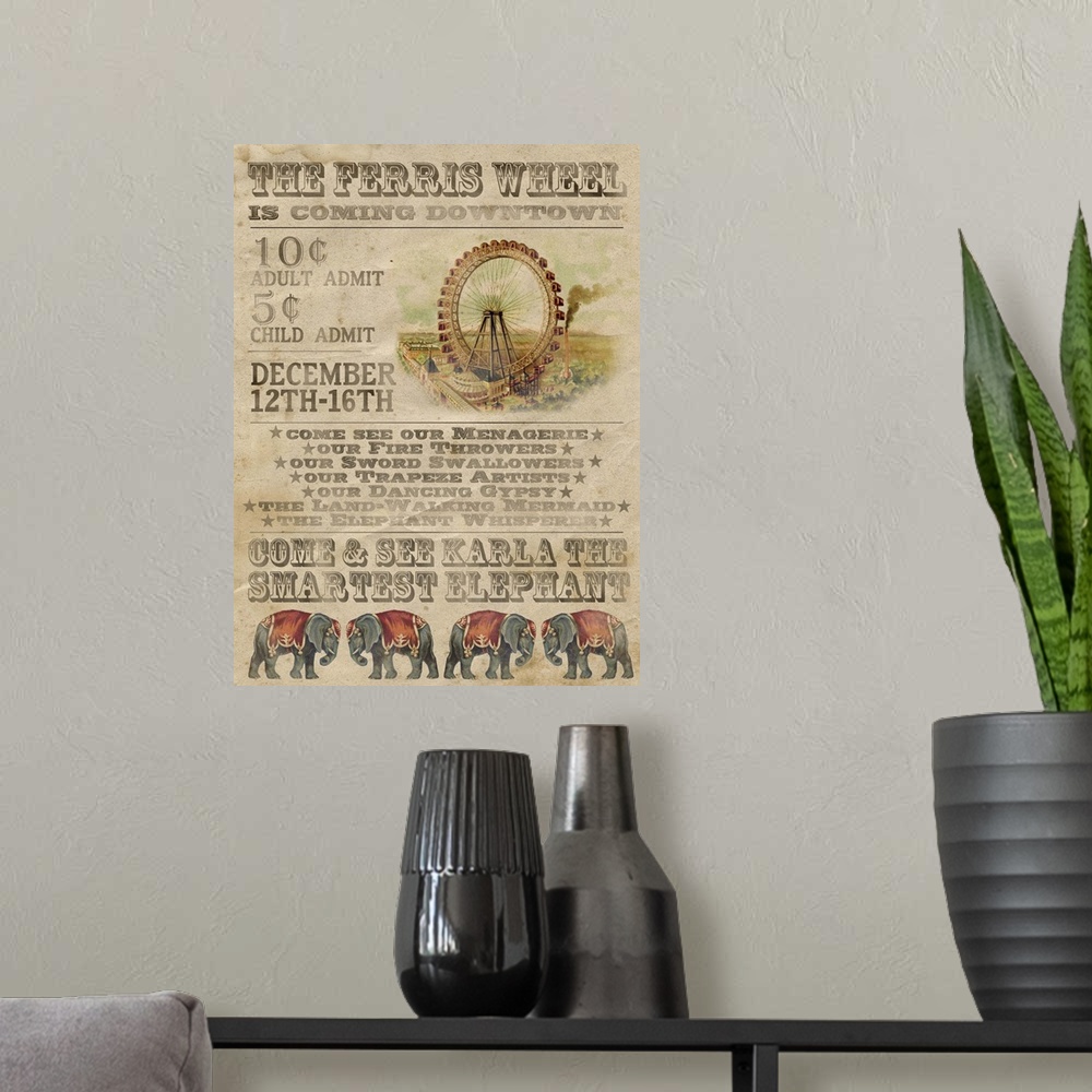 A modern room featuring Vintage-style circus poster advertising a ferris wheel and elephants.