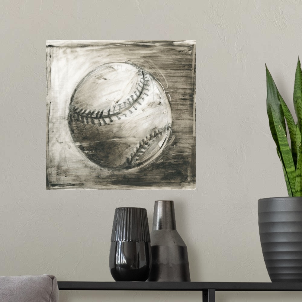 A modern room featuring Sepia toned sketch of a baseball.