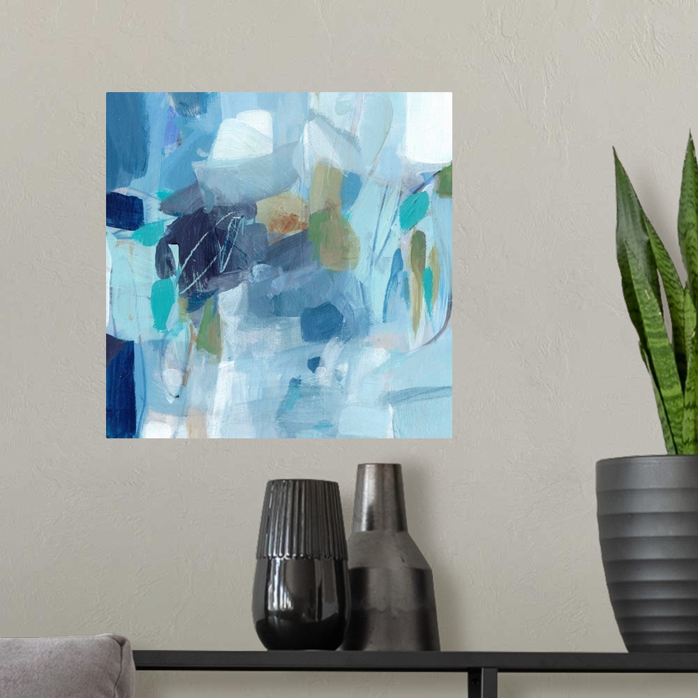 A modern room featuring Contemporary abstract painting using blue tones.