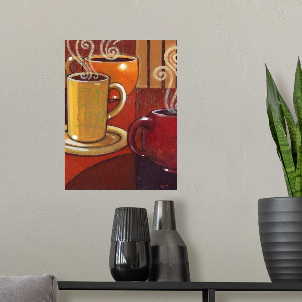A modern room featuring Contemporary painting of mugs of coffee in warm tones with swirls of steam.