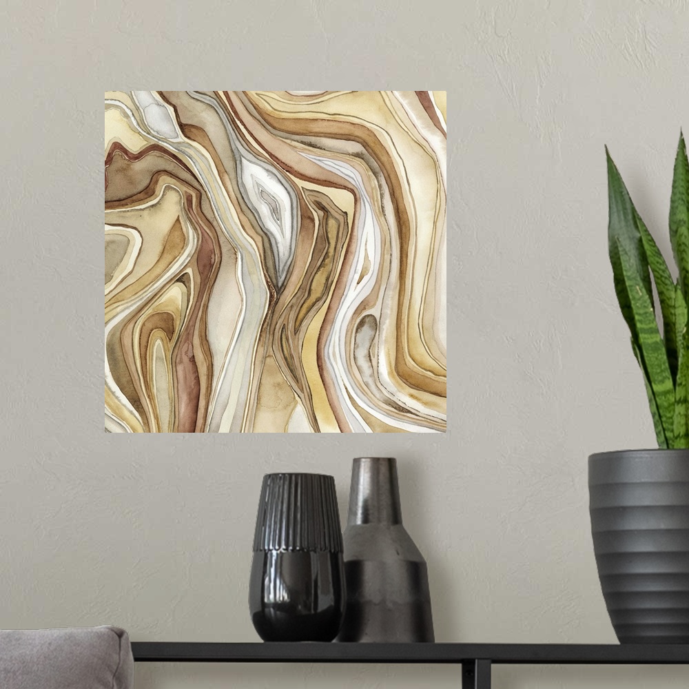 A modern room featuring Watercolor painting of intricate lines that make agate rock texture.