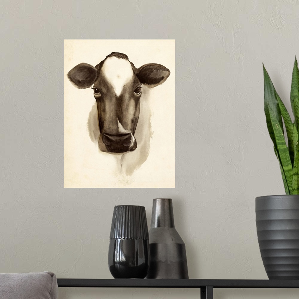 A modern room featuring Watercolor portrait of a cow in sepia tones.