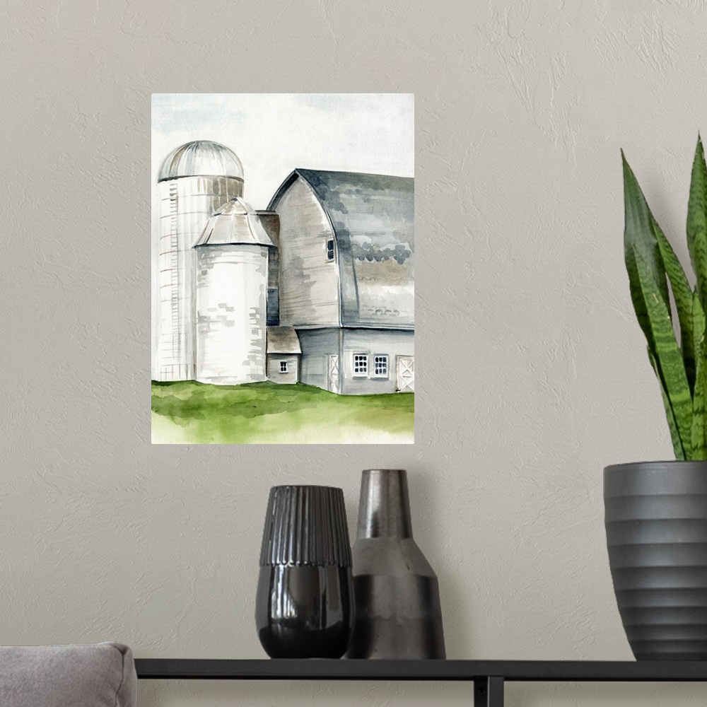 A modern room featuring This watercolor painting features a serene barn with a silo.