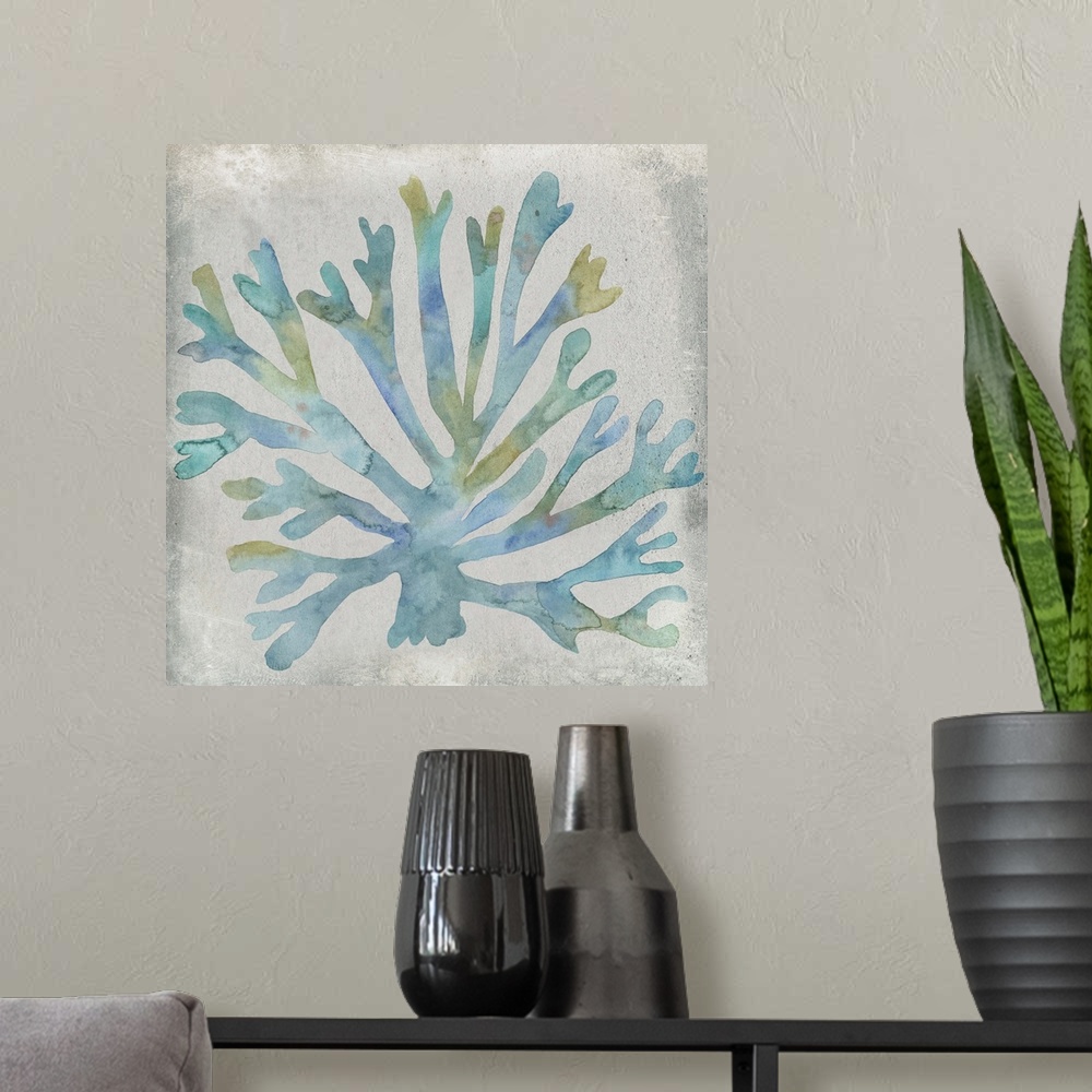 A modern room featuring Watercolor painting of coral against a neutral background.
