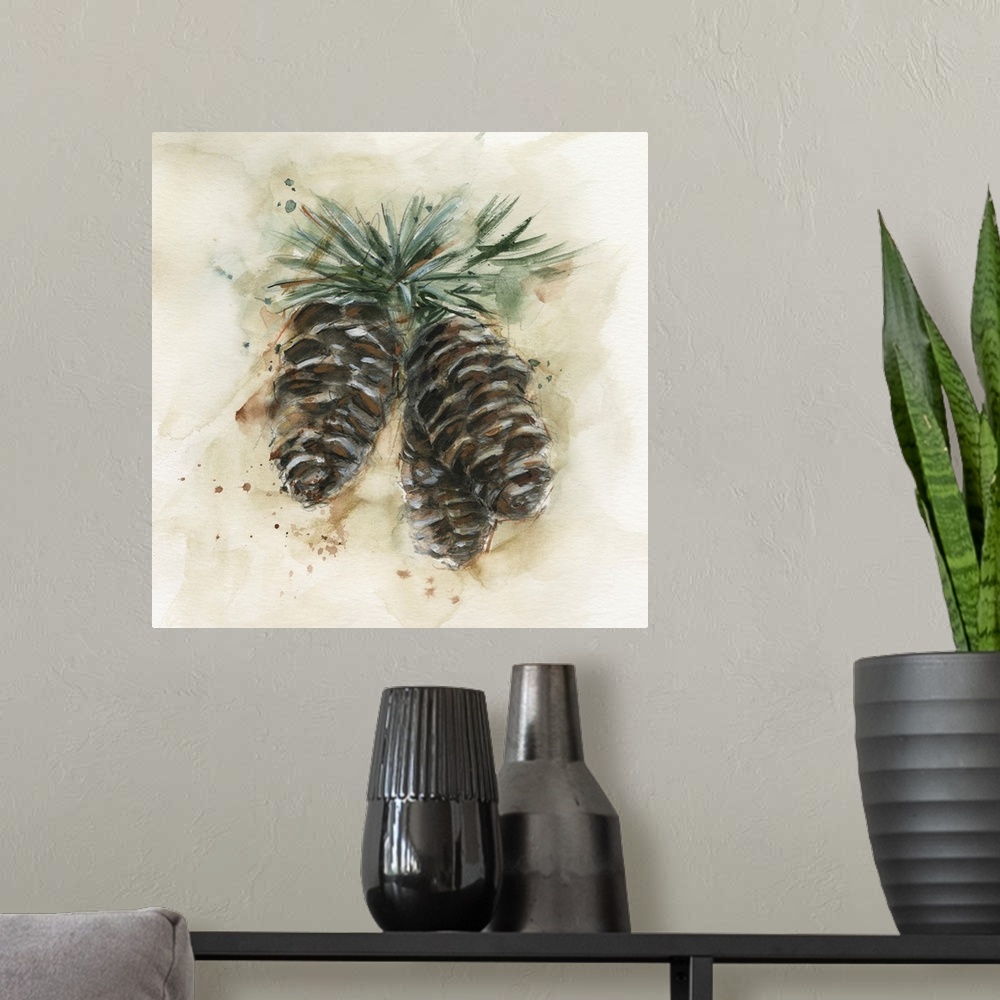 A modern room featuring Watercolor Pinecone Study II