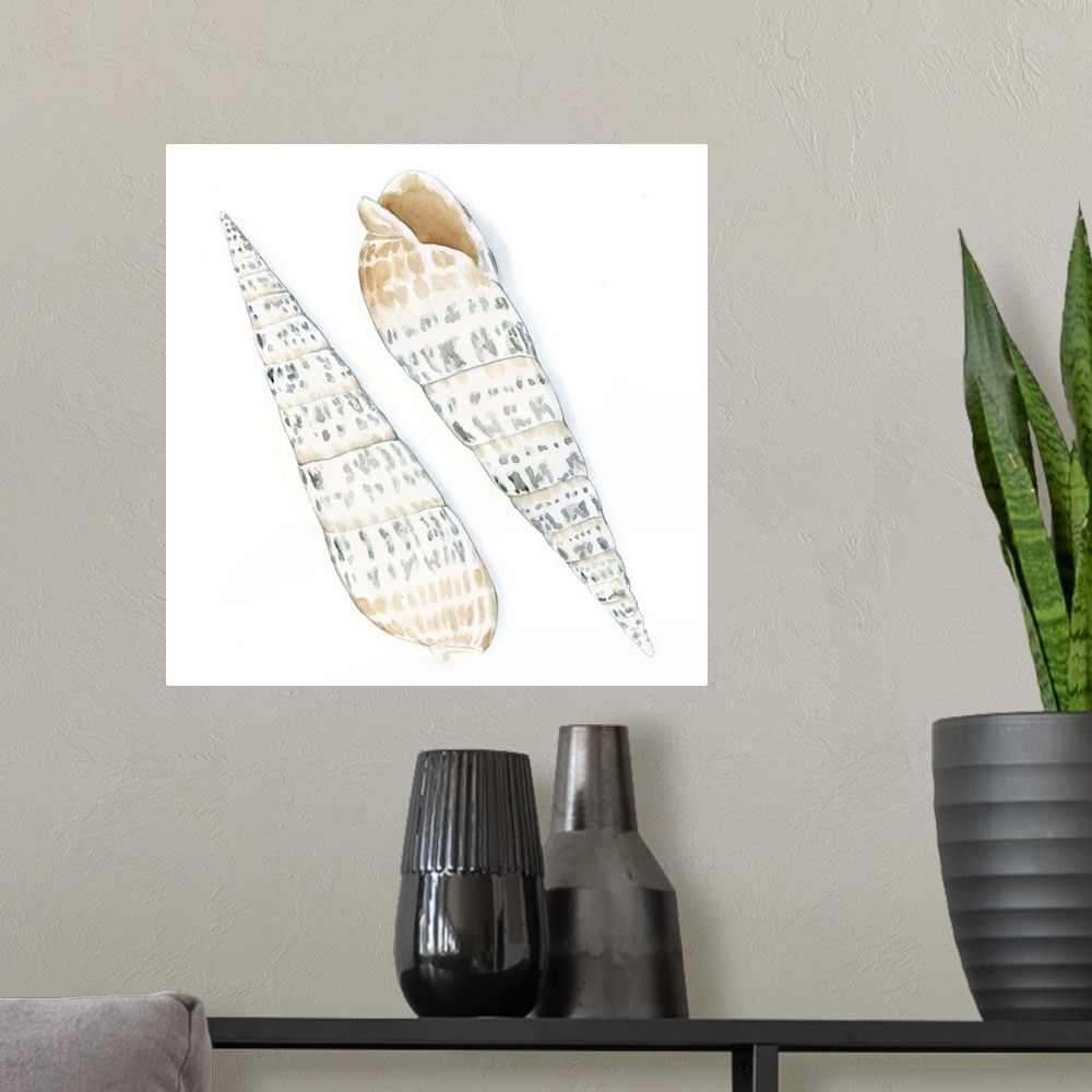 A modern room featuring Watercolor painting of two seashells.