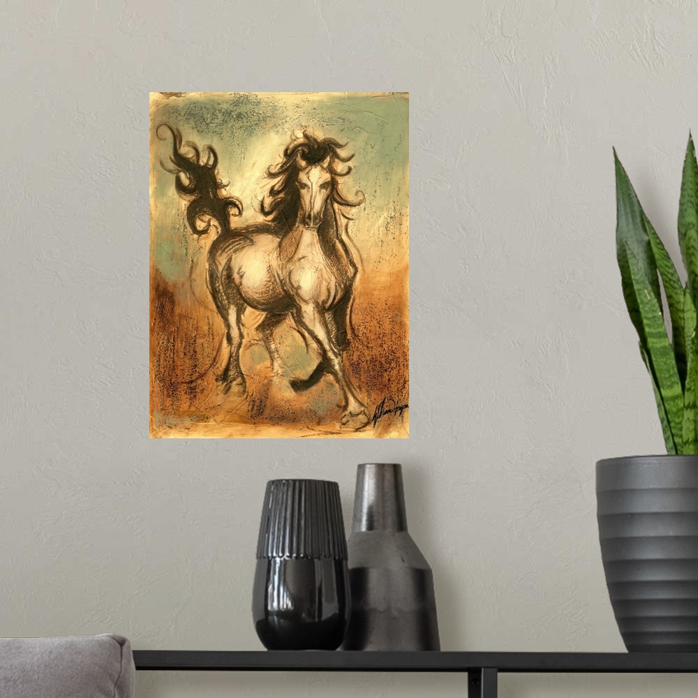 A modern room featuring Painting of a wild horse running on a textured background with it's curly tail and mane bouncing ...