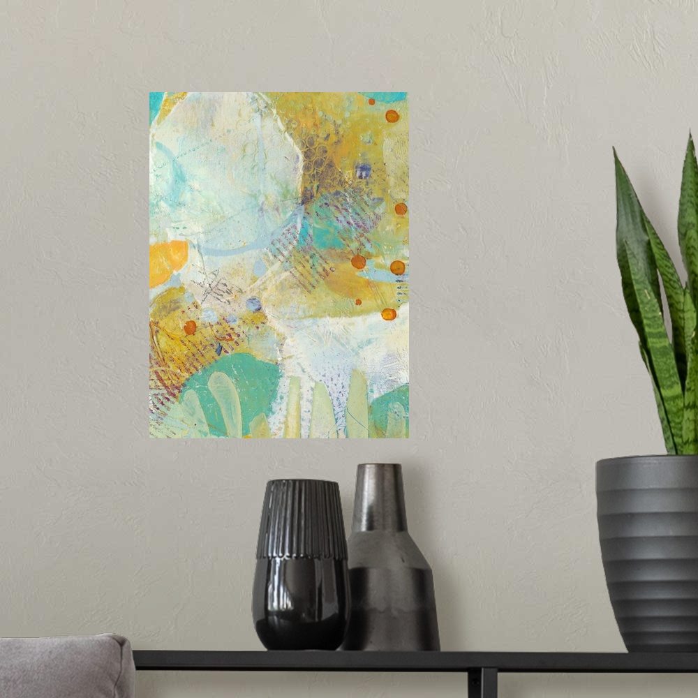 A modern room featuring This contemporary artwork radiates bright colors and distressed patterns to illustrate the whimsi...