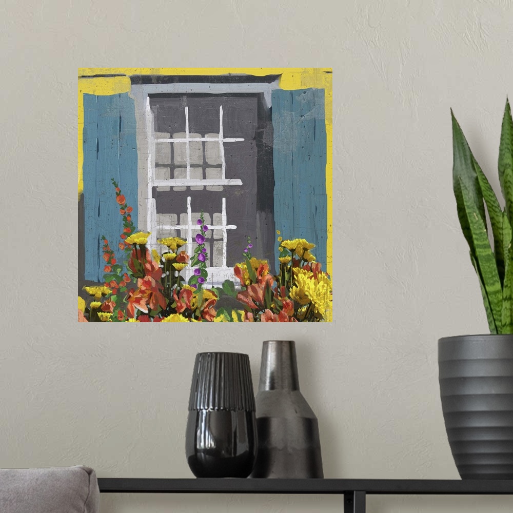 A modern room featuring Colorful painting of a window on a yellow wall with blue shutters.