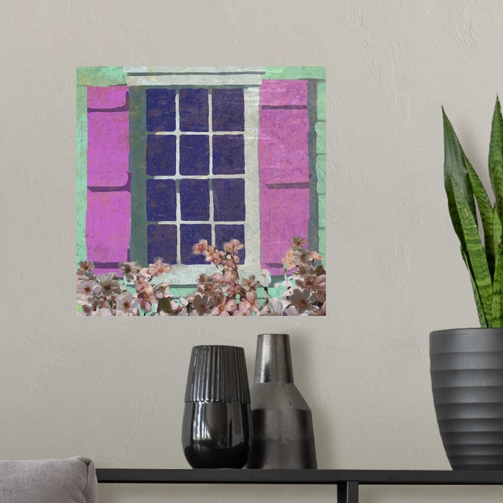 A modern room featuring Colorful painting of a window on a green wall with pink shutters.