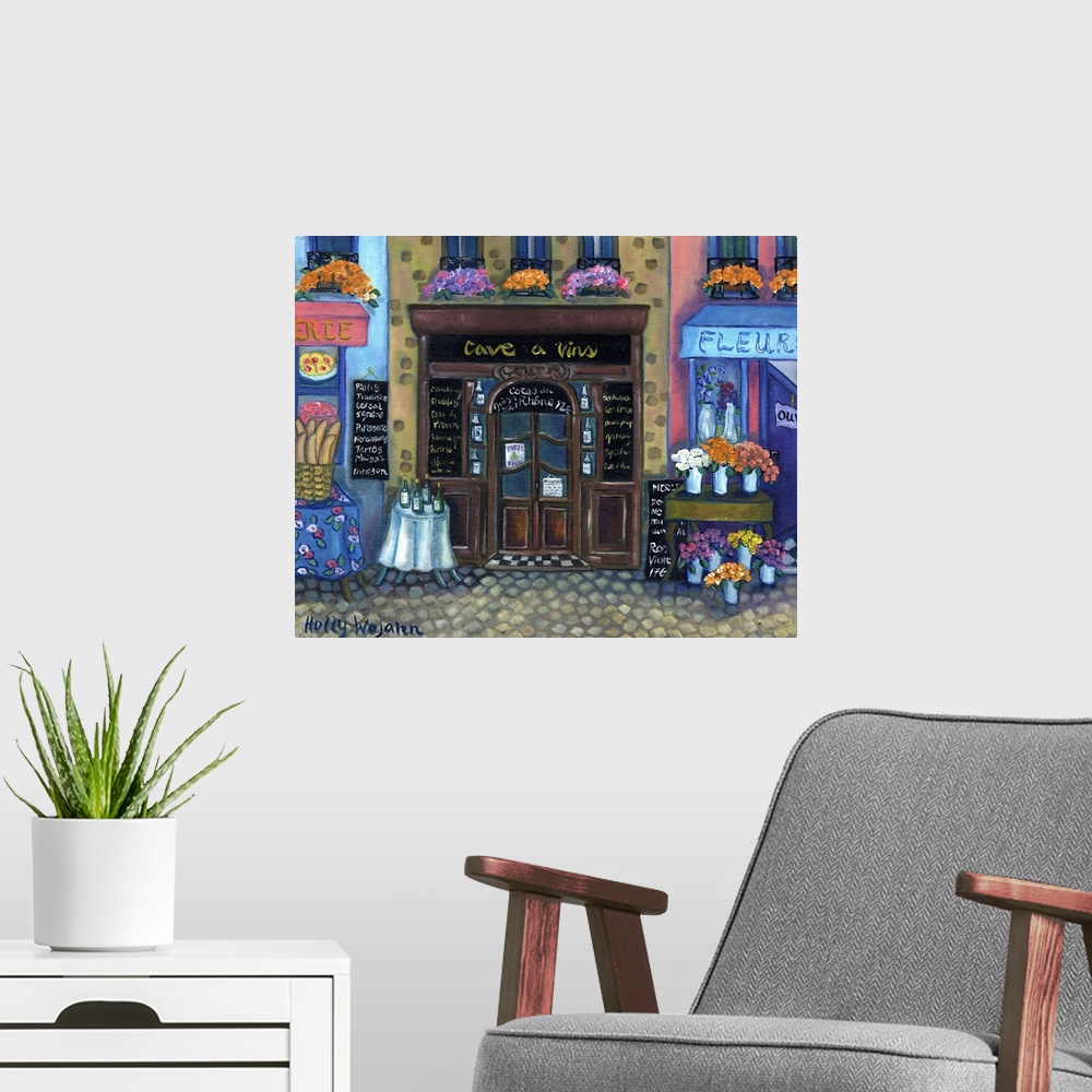 A modern room featuring Whimsical painting of a French marketplace next to a flower shop, with wine on the table.