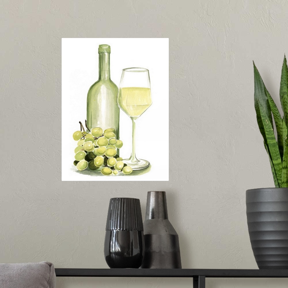 A modern room featuring A watercolor painting of a glass of white wine accompanied by grapes and green bottle fills this ...