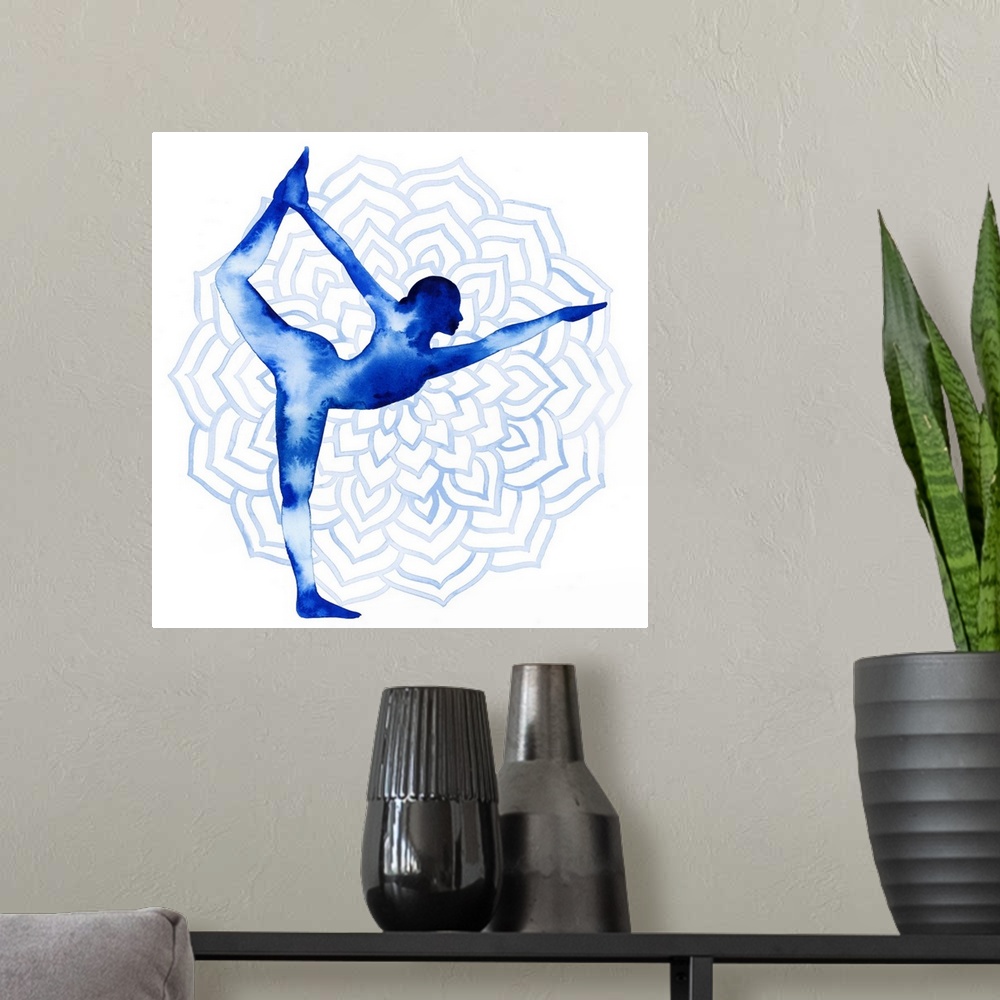 A modern room featuring This serene series features a silhouetted yoga pose in blue watercolor over a lotus flower design...