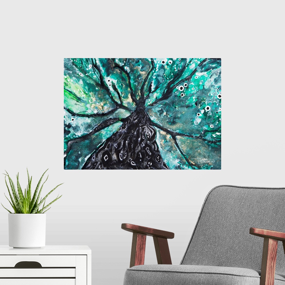 A modern room featuring Abstract Watercolor Painting Of A Tree And Its Branches