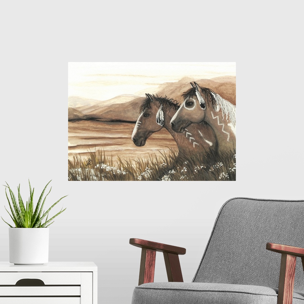 A modern room featuring Majestic Series of Native American inspired horse paintings of two pintos in a field.
