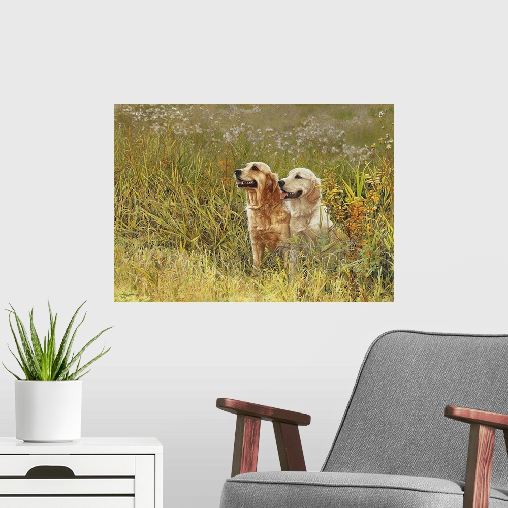 A modern room featuring A image of a pair of Labradors sitting in a field of tall grass.