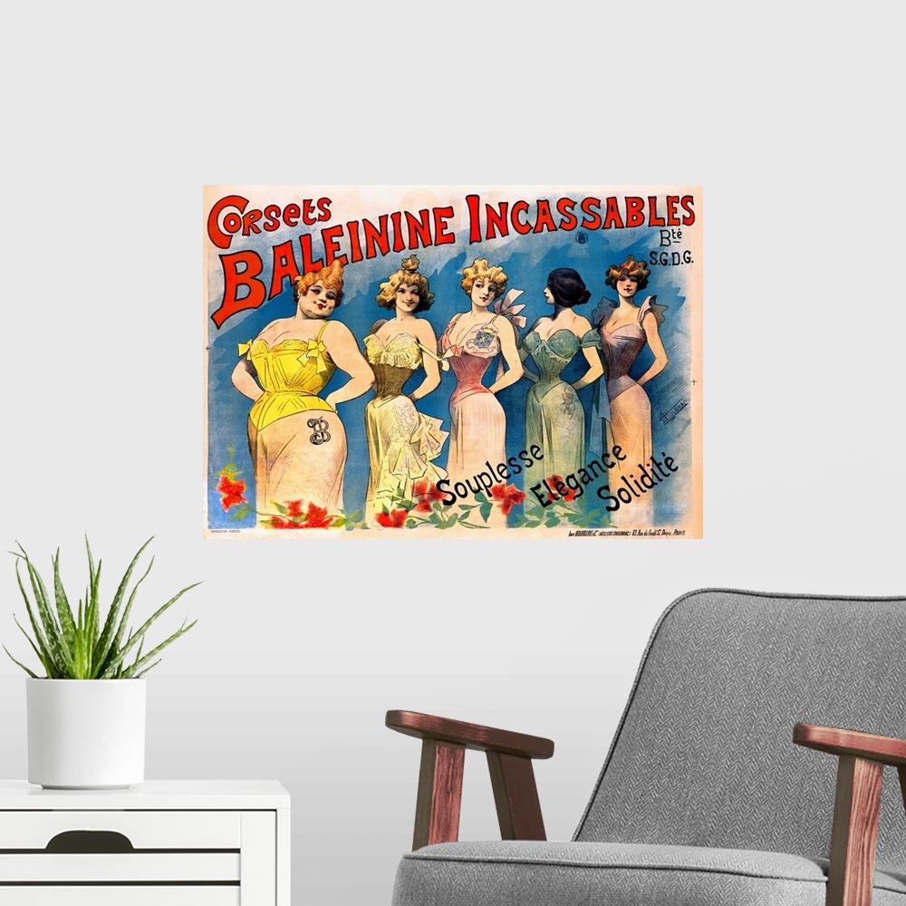 A modern room featuring Antique poster print of five painted women in different dresses posing.