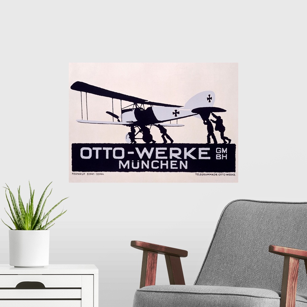 A modern room featuring Vintage poster of several men pushing a small aircraft about to take off.