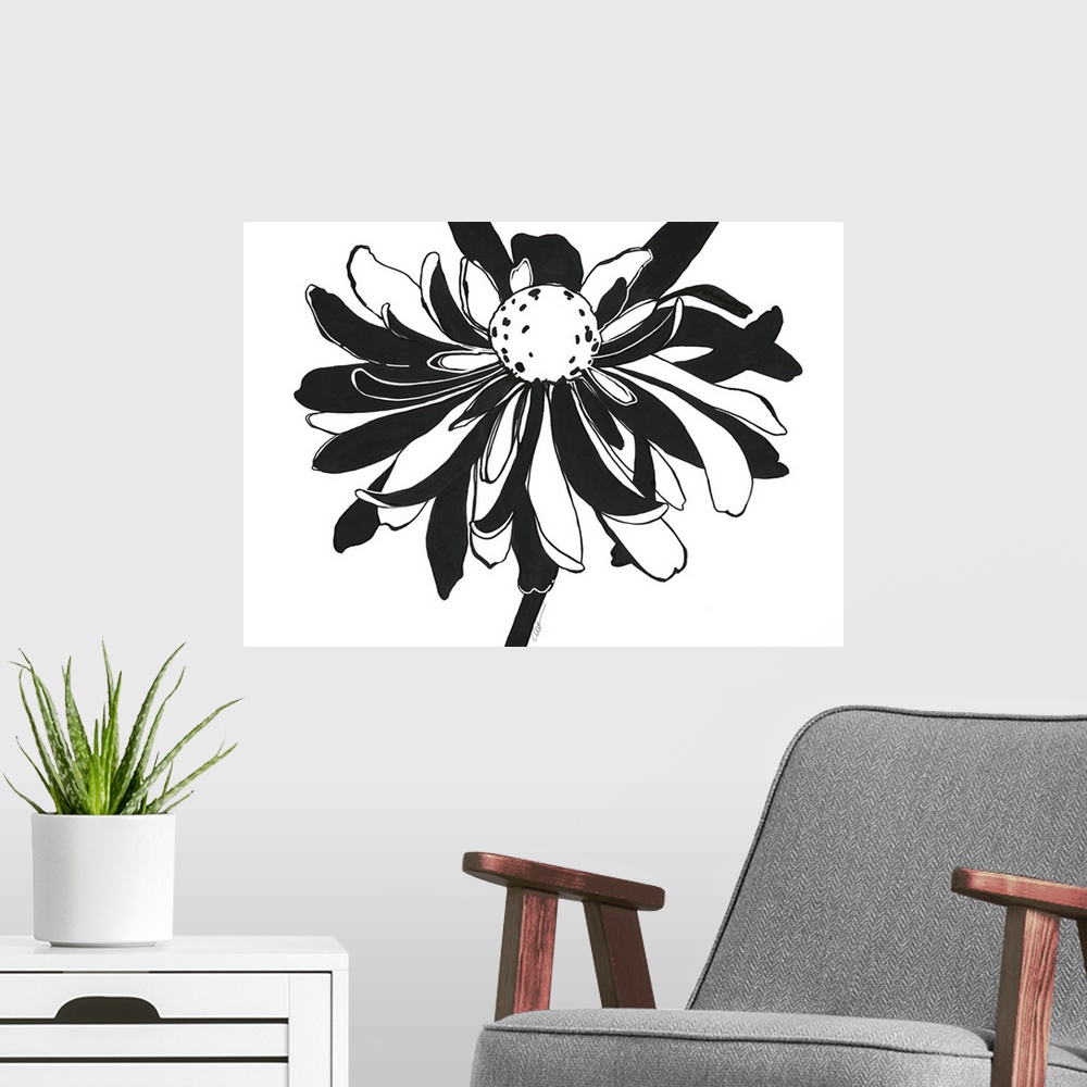 A modern room featuring Simple black and white illustration of a blooming flower.
