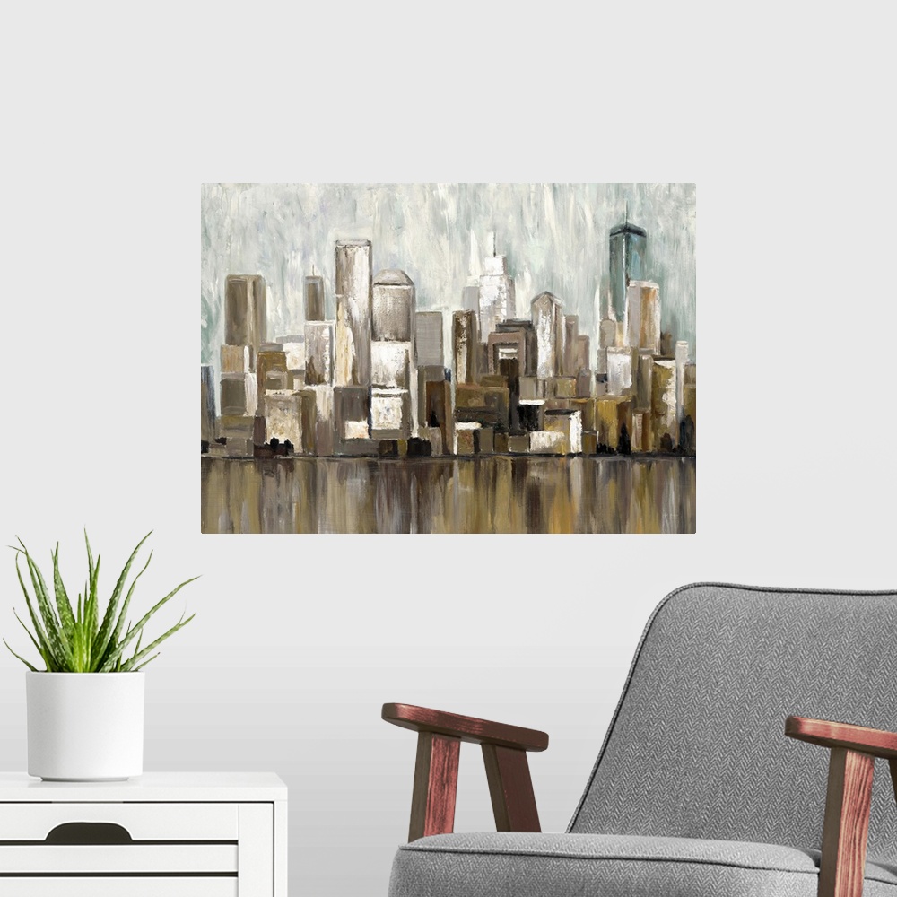 A modern room featuring Contemporary artwork of a city skyline casting a reflection in the river below.
