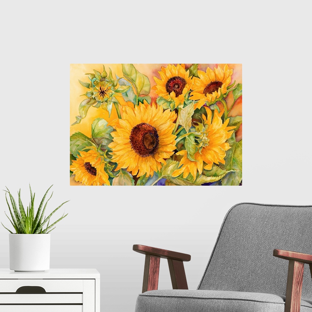 A modern room featuring Colorful contemporary painting of sunflowers.