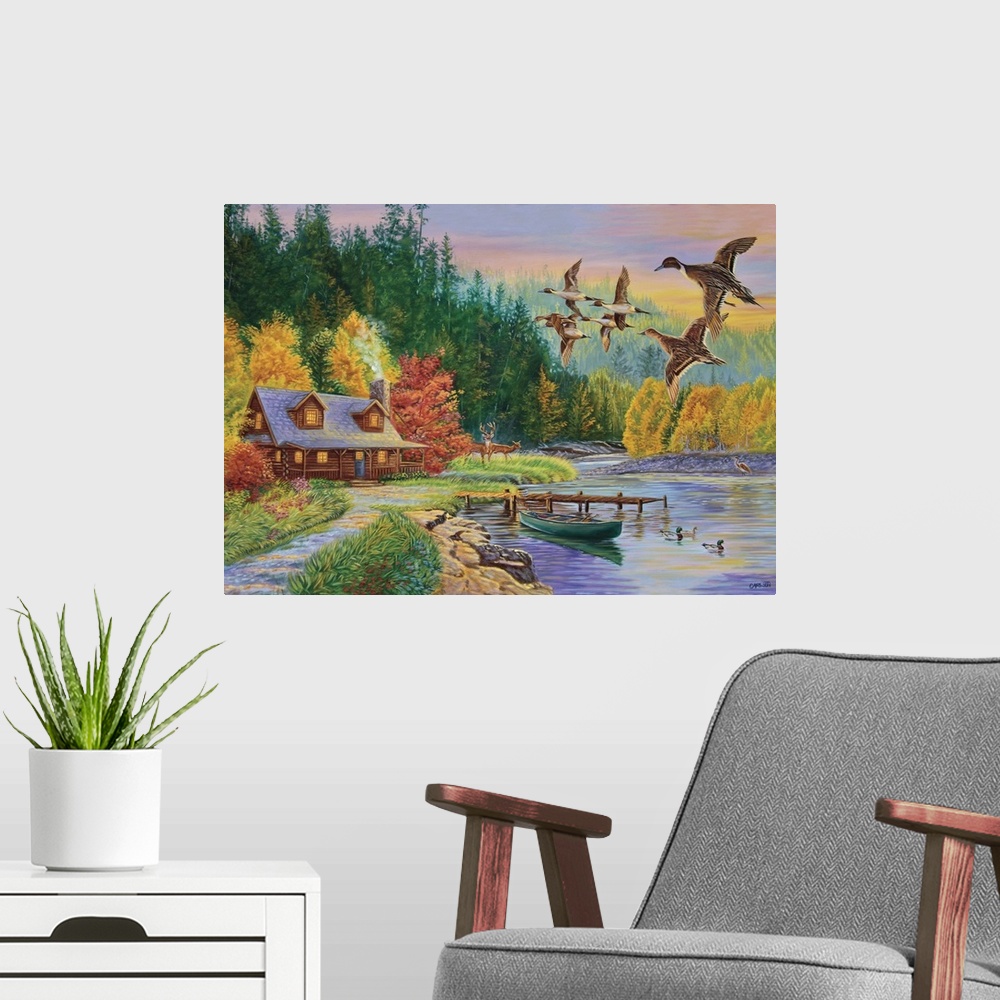 A modern room featuring Pintail ducks flying over a log cabin next to a river