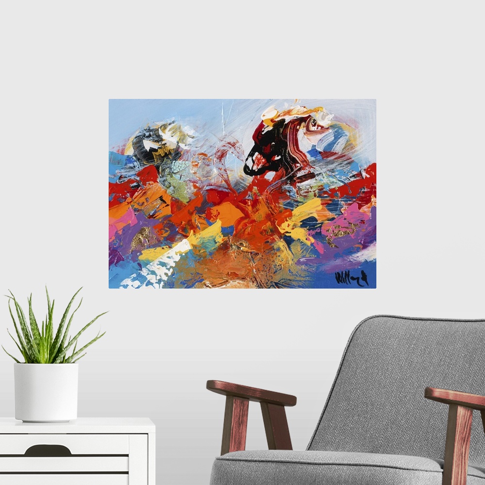 A modern room featuring Wild, vivid abstract full of movement, with bold brushstrokes and contrasting colors.