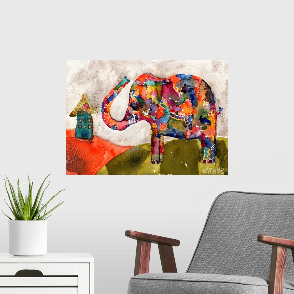 A modern room featuring A colorful elephant waving to a house on a hill.