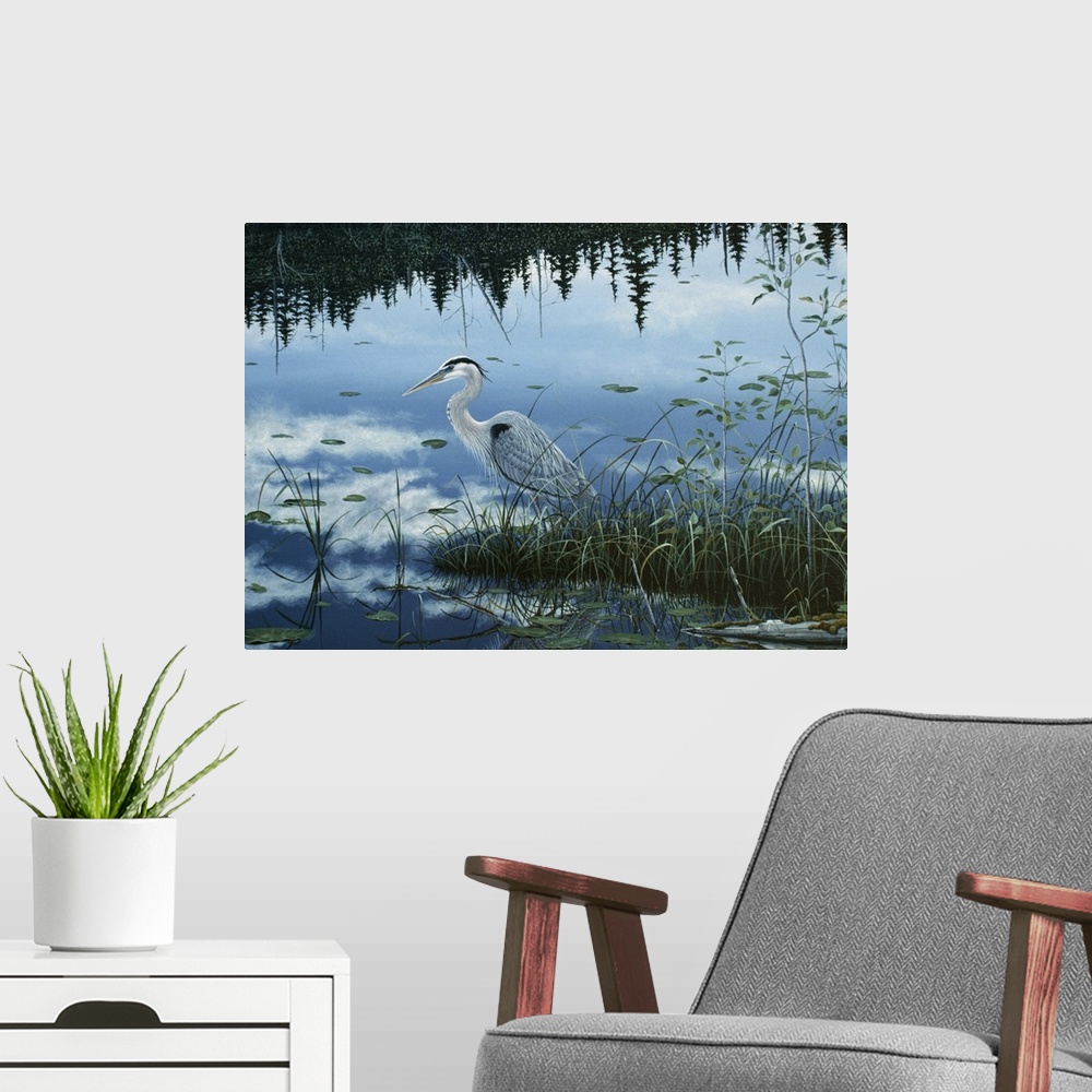 A modern room featuring an egret standing in a swampy area with its reflection in the water