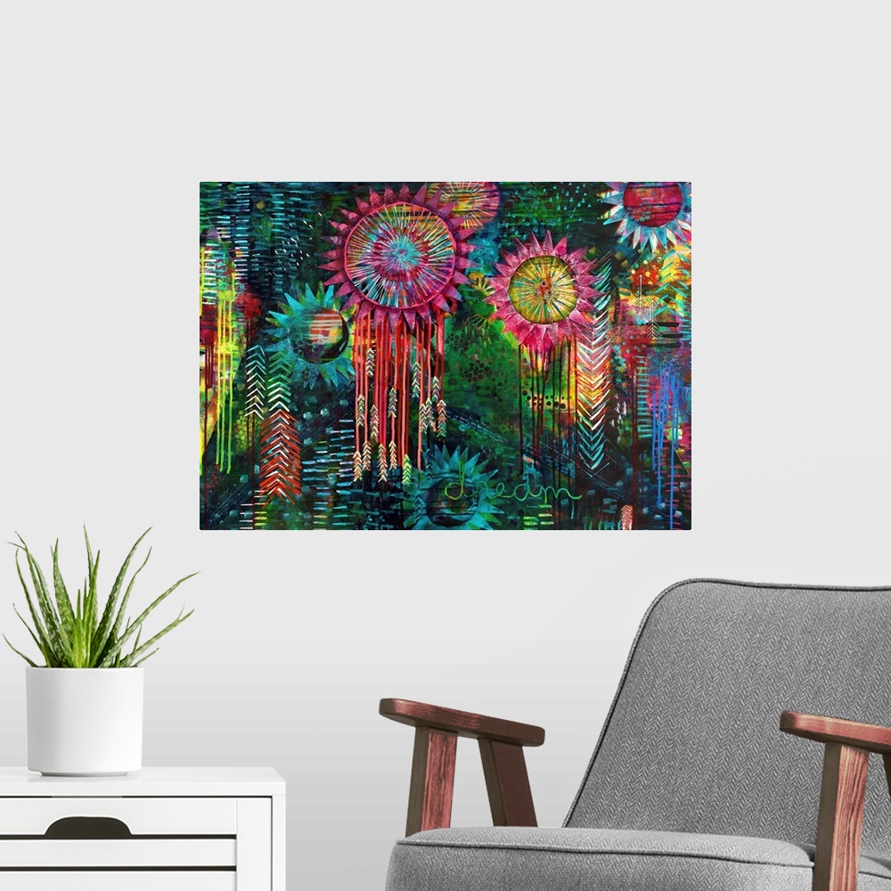 A modern room featuring Colorful abstract painting with feathered dream catchers and designs on a blue and green backgrou...